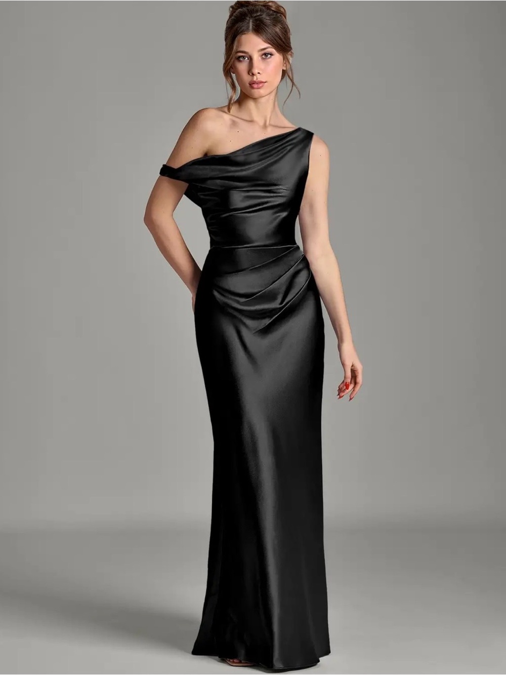 Azazie Emerson Black Metallic Satin Dress NTW Size 14
